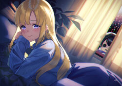 Rule 34 | 1girl, alternate hairstyle, bed, blonde hair, commentary request, curtains, dutch angle, fletcher (kancolle), hair down, indoors, jingei (kancolle), kantai collection, lips, long hair, looking at viewer, lying, on stomach, plant, purple eyes, shirt, solo, striped clothes, striped shirt, unowen