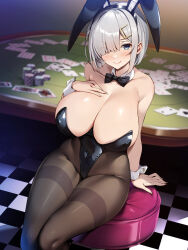 Rule 34 | 1girl, animal ears, bare shoulders, black leotard, blue eyes, blush, bow, bowtie, breasts, card, collarbone, covered navel, detached collar, fake animal ears, grey hair, hair ornament, hair over one eye, hairclip, hamakaze (kancolle), highleg, highleg leotard, highres, huge breasts, kantai collection, leotard, looking at viewer, pantyhose, playboy bunny, poker chip, poker table, rabbit ears, short hair, sitting, smile, solo, strapless, strapless leotard, table, thighband pantyhose, torisan, traditional bowtie, wrist cuffs