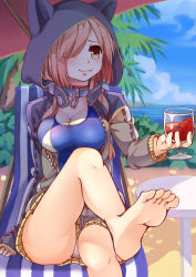 Rule 34 | 1girl, absurdres, animal hood, barefoot, beach, blue sky, blue one-piece swimsuit, breasts, bush, cat hood, chair, cleavage, closed mouth, cloud, coat, collar, competition swimsuit, cup, day, drink, drinking glass, feet, grey coat, hair over one eye, hand up, highres, holding, holding cup, holding drinking glass, hood, hoodie, kelang, leg lift, crossed legs, light brown hair, long hair, long sleeves, looking away, lounge chair, no pants, ocean, one-piece swimsuit, one eye covered, open clothes, open coat, outdoors, parasol, reclining, shadow, sky, smile, solo, sunlight, swimsuit, swimsuit under clothes, table, toes, tree, u81 (warship girls r), umbrella, warship girls r, yellow eyes