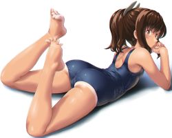 Rule 34 | 1girl, ass, bare arms, bare legs, bare shoulders, barefoot, blue one-piece swimsuit, blush, brown eyes, brown hair, commentary request, dd (ijigendd), feet, hair ornament, hairclip, i-401 (kancolle), kantai collection, legs up, looking at viewer, lying, on stomach, one-piece swimsuit, ponytail, school swimsuit, school uniform, shiny clothes, short hair, short ponytail, simple background, soles, solo, spread toes, swimsuit, tan, tanline, the pose, toes, white background