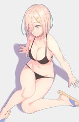 Rule 34 | 1girl, bikini, black bikini, blue eyes, breasts, cleavage, commentary request, full body, grey background, hair ornament, hair over one eye, hairclip, hamakaze (kancolle), highres, kantai collection, large breasts, looking to the side, sandals, shadow, short hair, silver hair, simple background, sitting, solo, string bikini, swimsuit, yuuji (and)