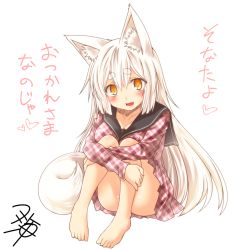 Rule 34 | 1girl, animal ear fluff, animal ears, ass, bare legs, barefoot, blush, breast press, breasts, collarbone, convenient leg, convention greeting, dress, eyebrows, fang, fox ears, fox tail, full body, hair between eyes, heart, hikimayu, hugging own legs, knees up, kohaku (yua), long hair, looking at viewer, medium breasts, open mouth, original, plaid, plaid dress, sailor collar, sailor dress, signature, simple background, sitting, slit pupils, solo, tail, thick eyebrows, white background, white hair, yellow eyes, yua (checkmate)