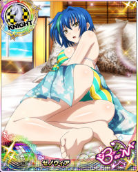 Rule 34 | 1girl, aqua bikini, ass, barefoot, bikini, blue hair, blush, breasts, card (medium), character name, chess piece, day, embarrassed, green hair, high school dxd, high school dxd born, indoors, knight (chess), large breasts, looking at viewer, lying, multicolored hair, official art, on bed, on side, open mouth, pillow, short hair, solo, streaked hair, striped bikini, striped clothes, swimsuit, thighs, trading card, two-tone hair, water, xenovia quarta, yellow eyes