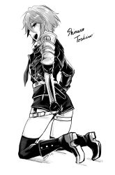 Rule 34 | 10s, 1boy, armor, belt, boots, character name, from behind, greyscale, highres, japanese armor, looking back, military, military uniform, monochrome, necktie, shinano toushirou, short hair, signature, smile, thighhighs, thighs, touken ranbu, uniform