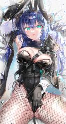 Rule 34 | 1girl, absurdres, animal ears, arknights, ass, black gloves, black jacket, black leotard, blue eyes, blue hair, breasts, demon horns, fake animal ears, fishnet pantyhose, fishnets, gloves, gluteal fold, halo, highres, horns, jacket, large breasts, leotard, long hair, looking at viewer, lying, mostima (arknights), on back, open clothes, open jacket, pantyhose, playboy bunny, rabbit ears, solo, star (symbol), tekona0, tongue, tongue out