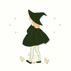 Rule 34 | 1girl, ayu (mog), bird, black dress, black theme, blonde hair, dress, duck, duckling, from behind, full body, green theme, hat, long hair, long sleeves, original, short dress, simple background, solo, standing, star (symbol), starry background, white background, witch, witch hat