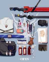 Rule 34 | arknights, belt, ch&#039;en (arknights), character name, fingerless gloves, folded clothes, framed, gloves, great lungmen logo, highres, key, name tag, necktie, no humans, pill, pill bottle, pouch, sheath, sheathed, shirt, still life, sword, ticket, ting (machi nakahara), walkie-talkie, weapon, white shirt