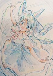 Rule 34 | 1girl, blue background, blue dress, blue eyes, blue hair, cirno, cirno day, collar, colored pencil (medium), dress, highres, ice, ice wings, medium hair, one-hour drawing challenge, open mouth, orya 422, outstretched arms, ribbon, shirt, short sleeves, smile, solo, touhou, traditional media, white shirt, wings