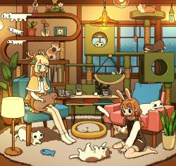 Rule 34 | 2girls, animal ears, antlers, aqua eyes, barefoot, black eyes, blonde hair, blush, book, brown hair, calico, cat, cat stretch, chair, clock, commission, cup, flower, glowing, highres, horns, indoors, lamp, long hair, long sleeves, multiple girls, open mouth, original, pet bed, pixiv commission, plant, pointy ears, potted plant, rabbit ears, red flower, rug, shadow, shelf, sitting, smile, socks, stretching, table, tao (tao15102), twintails, vase, wariza, white cat, white legwear, window