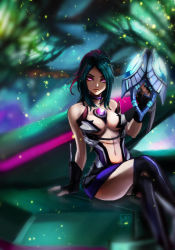 Rule 34 | 1girl, 2016, bare shoulders, bioluminescence, blurry, blurry background, boots, breasts, breasts apart, center opening, choker, cross (xenoblade x), crossed legs, fingerless gloves, gloves, glowing, gradient hair, green hair, highres, holding, holding weapon, lilithcosa, looking at viewer, medium breasts, multicolored hair, navel, nintendo, noctilum, pink eyes, pink hair, science fiction, solo, thigh boots, thighhighs, thighs, weapon, xenoblade chronicles (series), xenoblade chronicles x