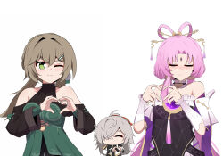 Rule 34 | 1boy, 2girls, bare shoulders, chibi, closed eyes, closed mouth, clothing cutout, detached sleeves, dress, embarrassed, forehead jewel, fu xuan (honkai: star rail), green dress, green eyes, grey hair, hair between eyes, hair ornament, hair over one eye, hairclip, heart, heart hands, highres, honkai: star rail, honkai (series), jing yuan, long hair, long sleeves, marin liekuriva, multiple girls, one eye closed, pink hair, qingque (honkai: star rail), shoulder cutout, simple background, smile, twintails, upper body, white background