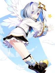 Rule 34 | 1girl, amane kanata, amane kanata (1st costume), angel wings, blue eyes, blue hair, bob cut, boots, chestnut mouth, colored inner hair, feathers, fenrir (fenlil0316), full body, halo, highres, hololive, long sleeves, looking at viewer, multicolored hair, plaid footwear, short hair, silver hair, single hair intake, solo, star (symbol), star halo, two-tone hair, virtual youtuber, white background, wings
