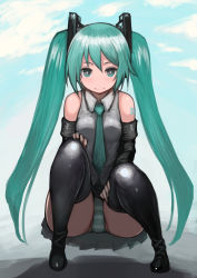 Rule 34 | 1girl, absurdres, aqua eyes, aqua hair, aqua necktie, bare shoulders, black footwear, blue sky, boots, breasts, bright pupils, closed mouth, cloud, collared shirt, day, detached sleeves, grey shirt, hair between eyes, hand on own knee, hand on own thigh, hatsune miku, highres, johan (johan13), long hair, long sleeves, looking at viewer, necktie, number tattoo, outdoors, panties, pantyshot, pleated skirt, shirt, shoulder tattoo, skirt, sky, sleeveless, sleeveless shirt, small breasts, smile, solo, striped clothes, striped panties, tattoo, thigh boots, thighhighs, twintails, underwear, very long hair, vocaloid, white pupils