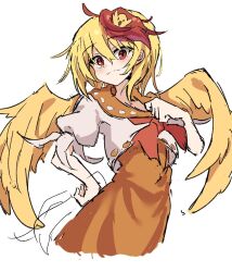 Rule 34 | 1girl, ahoge, animal, animal on head, bird, bird on head, bird tail, bird wings, blonde hair, breasts, chick, chicken, closed mouth, cropped legs, dress, feathered wings, feathers, happy, highres, looking at viewer, mifutatsu, multicolored hair, neckerchief, niwatari kutaka, on head, orange dress, orange hair, puffy short sleeves, puffy sleeves, red eyes, red hair, red neckerchief, shirt, short hair, short sleeves, simple background, sketch, small breasts, smile, solo, tail, touhou, two-tone hair, white background, white shirt, wings, yellow wings