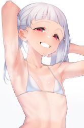 Rule 34 | 1girl, :d, arashi chisato, armpits, arms up, bad id, bad pixiv id, bikini, blunt bangs, blush, collarbone, ear blush, flat chest, grey hair, grin, highres, long hair, love live!, love live! superstar!!, nasuno (nasuno42), open mouth, parted lips, red eyes, simple background, smile, solo, steaming body, sweat, swimsuit, tan, tanline, teeth, twintails, upper body, white background, white bikini