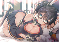 Rule 34 | animal ears, black hair, blue eyes, blush, breasts, rabbit ears, cleavage cutout, clothing cutout, commentary request, earrings, covered erect nipples, fantasy earth zero, fingerless gloves, glasses, gloves, indoors, jewelry, large breasts, looking at viewer, on bed, pleated skirt, skirt, thighhighs, tooka, triangle mouth, twitter username, white legwear, window