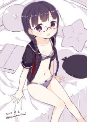 Rule 34 | 1girl, arm support, bed, blouse, blunt bangs, bow, bow bra, bow panties, bra, braid, breasts, briefcase, collarbone, dated, glasses, hair over shoulder, hat, lace, lace-trimmed bra, lace-trimmed panties, lace trim, long hair, muku (muku-coffee), navel, open clothes, open mouth, open shirt, original, panties, purple bra, purple eyes, purple hair, purple panties, school uniform, serafuku, shirt, sitting, small breasts, solo, twin braids, twitter username, underwear, very long hair