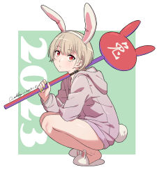 Rule 34 | 1girl, animal ears, bare legs, black choker, blonde hair, chinese zodiac, choker, dated, fake animal ears, fake tail, green background, hairband, holding, hood, hood down, hoodie, long sleeves, looking at viewer, nail polish, original, parted lips, pink hoodie, rabbit ears, rabbit tail, red eyes, short hair, signature, slippers, solo, squatting, tail, two-tone background, werkbau, white background, white hairband, year of the rabbit, yellow nails
