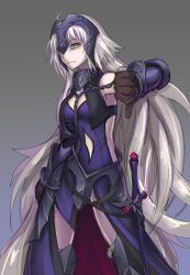 Rule 34 | 1girl, armor, armored dress, belt, black armor, black dress, boots, breasts, brown gloves, chain, dress, fate/grand order, fate (series), faulds, frown, fur trim, gauntlets, gloves, gradient background, greaves, headpiece, jeanne d&#039;arc (fate), jeanne d&#039;arc alter (avenger) (fate), jeanne d&#039;arc alter (fate), long hair, purutoppu (toranohige), sheath, sheathed, silver hair, solo, sword, thigh boots, thighhighs, thighs, thumbs down, very long hair, weapon, yellow eyes
