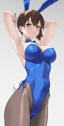Rule 34 | 1girl, absurdres, animal ears, armpits, arms behind head, arms up, black pantyhose, blue bow, blue bowtie, blue leotard, blush, bow, bowtie, breasts, brown eyes, brown hair, bunny day, cleavage, commentary request, detached collar, fake animal ears, fake tail, gradient background, highres, kaga (kancolle), kantai collection, large breasts, leotard, looking at viewer, pantyhose, playboy bunny, prime, rabbit ears, rabbit tail, side ponytail, simple background, strapless, strapless leotard, sweat, sweatdrop, tail, wrist cuffs