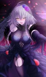 Rule 34 | 1girl, bare shoulders, black dress, black thighhighs, blush, breasts, dress, fate/grand order, fate (series), feather boa, grey hair, highres, jeanne d&#039;arc alter (avenger) (fate), jeanne d&#039;arc alter (fate), large breasts, long hair, open mouth, penguintake, solo, thighhighs, thighs, very long hair, yellow eyes