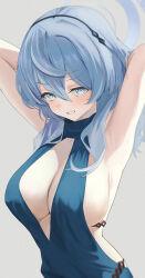 Rule 34 | 1girl, absurdres, ako (blue archive), ako (dress) (blue archive), armpits, arms behind head, arms up, blue archive, blue dress, blue eyes, blue hair, blue halo, blush, breasts, dress, hair between eyes, halo, highres, large breasts, long hair, noviceeeeeeee, official alternate costume, presenting armpit, sideboob, sleeveless, sleeveless dress, solo, upper body