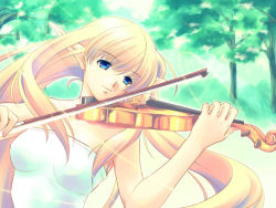 Rule 34 | 1girl, bare shoulders, blonde hair, blue eyes, elf, forest, game cg, instrument, letterboxed, long hair, nature, pointy ears, solo, tama two (fukuya), violin