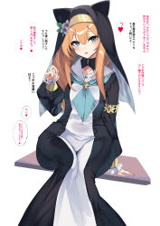 Rule 34 | 1girl, animal ears, aqua neckerchief, blue archive, blue eyes, breasts, commentary request, flower, green sailor collar, habit, halo, highres, long hair, long sleeves, looking at viewer, mari (blue archive), neckerchief, noto kurumi, nun, orange hair, sailor collar, simple background, sitting, solo, translation request, white background, yellow halo