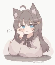 Rule 34 | 1girl, ahoge, animal ear fluff, animal ears, black sailor collar, blue eyes, blush stickers, brown hair, cat ears, cat girl, closed mouth, colon br, dot nose, frown, hair between eyes, hair ornament, hairclip, hand on own cheek, hand on own face, highres, long hair, long sleeves, original, puff of air, sailor collar, shirt, sidelocks, simple background, solo, twitter username, upper body, v-shaped eyebrows, white background, white shirt