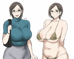 Rule 34 | 1futa, :d, areola slip, arms behind back, bag, bare shoulders, bikini, bracelet, breasts, brown bikini, brown eyes, brown hair, cleavage, closed mouth, collarbone, commentary request, curvy, futanari, glasses, grey skirt, halterneck, handbag, jewelry, large breasts, mature female, micro bikini, navel, necklace, open mouth, original, ribbed shirt, ribbed sweater, shibusun, shirt, short hair, short sleeves, skirt, smile, stomach, sweater, swimsuit, turtleneck, underboob, white background
