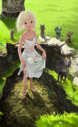 Rule 34 | 1girl, barefoot, blonde hair, brown eyes, caustics, chemise, dress, fish, flat chest, flower, from above, goldfish, grass, lips, looking up, mugon, nature, original, outdoors, pond, pool, ripples, scenery, see-through, shallow water, skirt basket, solo, statue, wading, water, wet, white dress