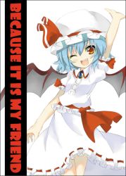 Rule 34 | 1girl, :d, ;d, arm up, bat wings, blue hair, brown eyes, fang, female focus, happy, hat, one eye closed, open mouth, outstretched arm, red eyes, remilia scarlet, ribbon, shingetsu takehito, skirt, smile, solo, touhou, wings, wink