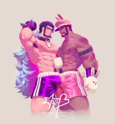 Rule 34 | 2boys, abs, animal ears, armpit hair, armpit hair peek, back hair, bara, beard, boxing gloves, bulge, bulge press, bulges touching, cropped legs, dark-skinned male, dark skin, excessive armpit hair, expressionless, facial hair, filia (bananafilia), flexing, forked eyebrows, from side, full beard, hairy, hand hair, hat, highres, knuckle hair, large pectorals, leg hair, looking at another, male focus, mature male, multiple boys, muscular, muscular male, navel, navel hair, necklace between pecs, nipples, object on pectorals, obliques, original, peaked cap, pectoral docking, pectoral press, pectorals, pink shorts, rabbit boy, rabbit ears, rabbit paws, rabbit tail, short hair, short shorts, shorts, smirk, sparse chest hair, stomach, tail, thick arm hair, thick back hair, thick beard, thick eyebrows, thick navel hair, thighs, topless male, v-taper, wavy hair, wrestling outfit, yaoi