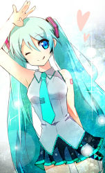 Rule 34 | 1girl, :q, ;q, akamomo, aqua eyes, aqua hair, arm up, bad id, bad pixiv id, female focus, gradient background, hatsune miku, long hair, necktie, one eye closed, skirt, solo, tongue, tongue out, twintails, very long hair, vocaloid, white background, wink