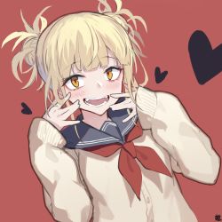 Rule 34 | 10s, 1girl, :d, blonde hair, blush, boku no hero academia, brown eyes, cardigan, commentary request, dutch angle, fangs, hagi (ame hagi), hair bun, hands up, heart, heart-shaped pupils, highres, long sleeves, looking at viewer, neckerchief, open mouth, red background, red neckerchief, school uniform, sidelocks, simple background, sleeves past wrists, smile, solo, symbol-shaped pupils, toga himiko, u.a. school uniform