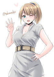 Rule 34 | 1girl, alternate costume, belt, blue eyes, blush, breasts, cleavage, dress, grey dress, hand on own hip, heart, highres, intrepid (kancolle), kantai collection, large breasts, light brown hair, one-hour drawing challenge, one eye closed, open mouth, ponytail, short sleeves, simple background, solo, takomeshi, twitter username, waving, white background