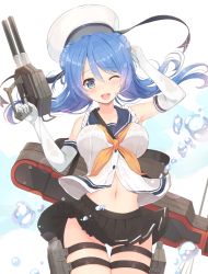 Rule 34 | 10s, 1girl, ;d, bare shoulders, black skirt, blue eyes, blue hair, blush, breasts, bubble, buttons, double bun, elbow gloves, gloves, gun, hair bun, hat, holding, holding gun, holding weapon, kagerou (shadowmage), kantai collection, large breasts, long hair, looking at viewer, machinery, matching hair/eyes, navel, one eye closed, open mouth, pleated skirt, round teeth, sailor hat, school uniform, serafuku, skirt, sleeves rolled up, smile, solo, teeth, thigh strap, turret, urakaze (kancolle), weapon, white gloves, white hat