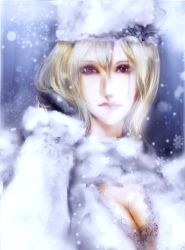 Rule 34 | 1girl, blonde hair, breasts, cleavage, hat, large breasts, lips, original, snow, solo, toshiwo