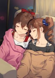 Rule 34 | 2girls, ahoge, black shirt, blue scrunchie, bow, brown hair, brown jacket, closed eyes, closed mouth, collarbone, commentary, drill hair, earphones, hair between eyes, hair bow, hair ornament, hair scrunchie, heads together, idolmaster, idolmaster million live!, indoors, jacket, jewelry, kamille (vcx68), long sleeves, medium hair, multiple girls, necklace, off shoulder, parted lips, pink jacket, ponytail, print scrunchie, profile, red bow, satake minako, scrunchie, seat, shared earphones, shirt, side-by-side, side ponytail, sidelocks, sitting, sleeping, sleeping upright, smile, star (symbol), star print, white shirt, yokoyama nao