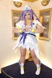 Rule 34 | 1girl, ankle boots, asian, blue eyes, blue hair, boots, bow, bracelet, breasts, choker, chouzuki maryou, cosplay, cure diamond, cure diamond (cosplay), dokidoki! precure, dress, headpiece, heart, heart hands, highres, jewelry, large breasts, long hair, magical girl, matching hair/eyes, photo (medium), plump, ponytail, precure, puffy short sleeves, puffy sleeves, ribbon, short sleeves, solo, tiara