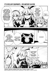 Rule 34 | 1boy, 3koma, 4girls, :o, absurdres, ahoge, anger vein, angry, animal ears, arms up, beard, box, breasts, bronya zaychik, captain (honkai impact), character request, cleavage, clothes grab, comic, commentary, cropped jacket, cross hair ornament, crossed bangs, drill hair, emphasis lines, english commentary, english text, facial hair, flower, fox ears, gameplay mechanics, gloves, greyscale, hair between eyes, hair flower, hair ornament, hair ribbon, hairband, hairclip, hand up, highres, honkai (series), honkai impact 3rd, jacket grab, jitome, kiana kaslana, kiana kaslana (divine prayer), long hair, long sleeves, looking at another, medium breasts, monochrome, multiple girls, no eyes, open mouth, rabbit ears, ribbon, sheita, shirt, short sleeves, shouting, sidelocks, simple background, solid oval eyes, speech bubble, standing, sweatdrop, talking, twin drills, twintails, upper body, v-shaped eyebrows, white background, wing collar, yae sakura, yae sakura (goushinnso memento)