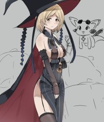 Rule 34 | 1girl, bad id, bad pixiv id, bare shoulders, black dress, black thighhighs, blonde hair, blush, breasts, cape, cleavage, cleavage cutout, clothing cutout, cosplay, detached sleeves, djeeta (granblue fantasy), dragon, dress, garter straps, granblue fantasy, grey background, hat, large breasts, long sleeves, magisa (granblue fantasy), magisa (granblue fantasy) (cosplay), no bra, pelvic curtain, rokuromi, short hair, side slit, sideboob, simple background, sleeves past wrists, solo, tears, thighhighs, vyrn (granblue fantasy), wavy mouth, witch hat, yellow eyes