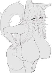 Rule 34 | 1girl, animal ear fluff, animal ears, blush, breasts, cream cod, eyelashes, fang, greyscale, hand on own hip, hand on thigh, hanging breasts, huge breasts, large areolae, leaning forward, long hair, looking at viewer, messy hair, monochrome, nipples, open mouth, sketch, skindentation, slit pupils, solo, tail raised, thick thighs, thighhighs, thighs