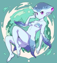 Rule 34 | 1girl, bare shoulders, barefoot, blue background, blue skin, blue theme, blush, breasts, closed mouth, collarbone, colored skin, fish girl, full body, hand up, highres, looking at viewer, monster girl, nintendo, pointy ears, princess ruto, purple eyes, simple background, small breasts, solo, the legend of zelda, the legend of zelda: ocarina of time, v-shaped eyebrows, v-shaped eyes, yokoyoko (nazonazo), zora