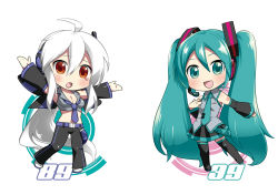 Rule 34 | 2girls, 39, ahoge, aqua eyes, aqua hair, belt, blouse, breasts, brown eyes, caffein, chibi, cleavage, detached sleeves, grey shirt, hatsune miku, headset, long hair, medium breasts, midriff, multiple girls, necktie, open mouth, outstretched arms, ponytail, shirt, skirt, spread arms, thighhighs, twintails, very long hair, vocaloid, white background, white hair, yowane haku
