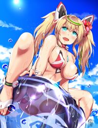 Rule 34 | 1girl, absurdres, bikini, blonde hair, fang, gene (pso2), highres, open mouth, phantasy star, phantasy star online 2, sitting, solo, swimsuit, tagme, twintails