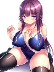 Rule 34 | 1girl, between breasts, black thighhighs, blue eyes, blue one-piece swimsuit, blush, breasts, competition school swimsuit, covered erect nipples, curvy, hair ornament, hair over breasts, hairclip, hand on own chest, highres, huge breasts, long hair, one-piece swimsuit, original, puffy nipples, purple hair, school swimsuit, sidelocks, simple background, sitting, smile, solo, swimsuit, thighhighs, tsukumiya amane, wariza, wet