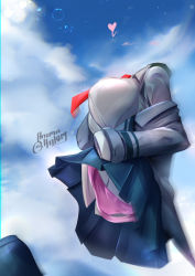 Rule 34 | 1girl, absurdres, animahakim, artist name, blurry, blush, boku no hero academia, cloud, commentary request, depth of field, frilled skirt, frills, from below, hagakure tooru, heart, highres, invisible, lifting own clothes, long sleeves, off shoulder, school uniform, skirt, sky, solo