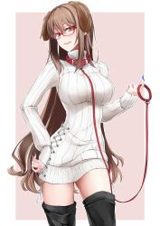 Rule 34 | 1girl, animal ears, bdsm, black thighhighs, blue nails, breasts, brown hair, collar, cowboy shot, dog ears, dress, fingernails, glasses, hair between eyes, hand up, head tilt, highres, large breasts, lindoh flores, long hair, long sleeves, looking at viewer, nail polish, original, pet play, pink background, red-eyes macadamiachoco, red-framed eyewear, red eyes, ribbed sweater, sharp fingernails, sidelocks, slave, sleeves past wrists, solo, standing, sweater, sweater dress, thighhighs, thighs, turtleneck, turtleneck sweater, very long hair, wavy hair, white background, white sweater
