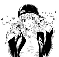 Rule 34 | 1girl, :q, bad id, bad twitter id, baseball cap, breasts, caption, close-up, commentary request, crepe, earrings, english text, food, greyscale, hat, heart, highres, holding, holding food, holding phone, jacket, jewelry, looking at viewer, medium breasts, medium hair, monochrome, monochrome, necklace, nikaidou kou, phone, shirt, simple background, solo, tongue, tongue out, white background